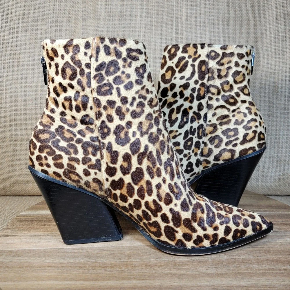 Dolce Vita Ankle Boots Leopard Print Calf Hair Pointed Toe Block Heel Women 9.5